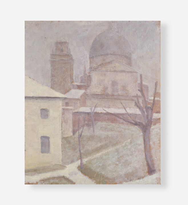 Ettore-Vitturi_neve-e-nebbia-a-san-giorgio_1954_309x38_olio-su-tavola_faraci-Arte_Verona-1